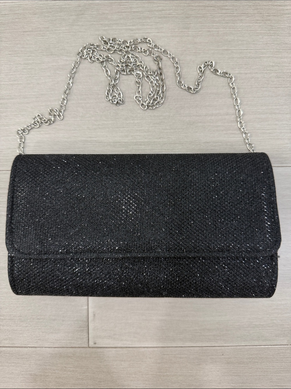 Black Sparkle Evening Clutch with Detachable Silver Chain